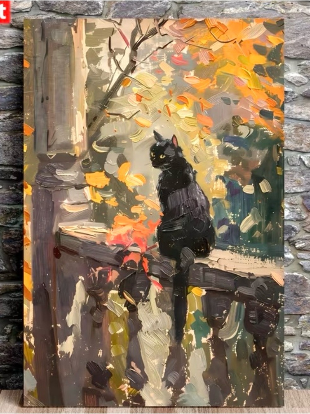 Black Cat on Autumn Balcony Oil Art Print - Home Art